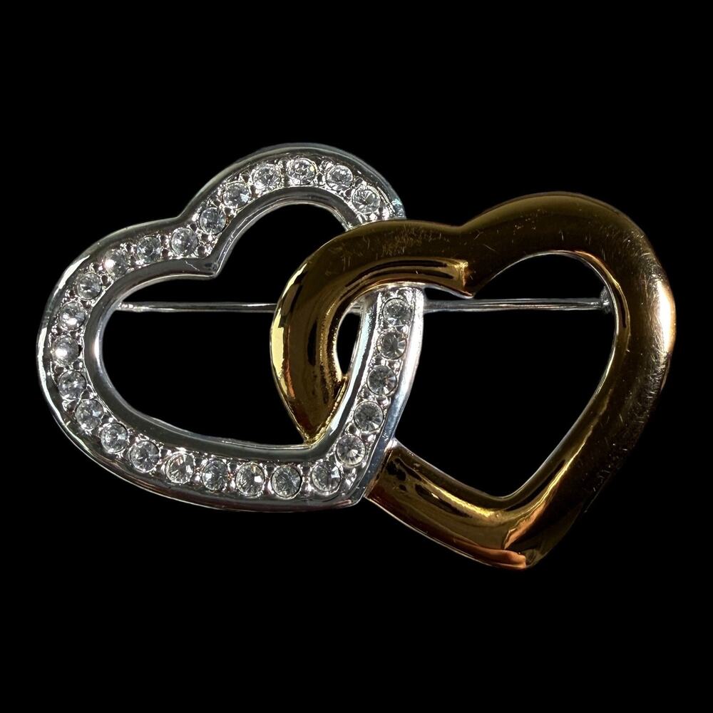 Monet Interlocking Hearts Brooch Pin Two Tone Silver Gold Clear Rhinestone